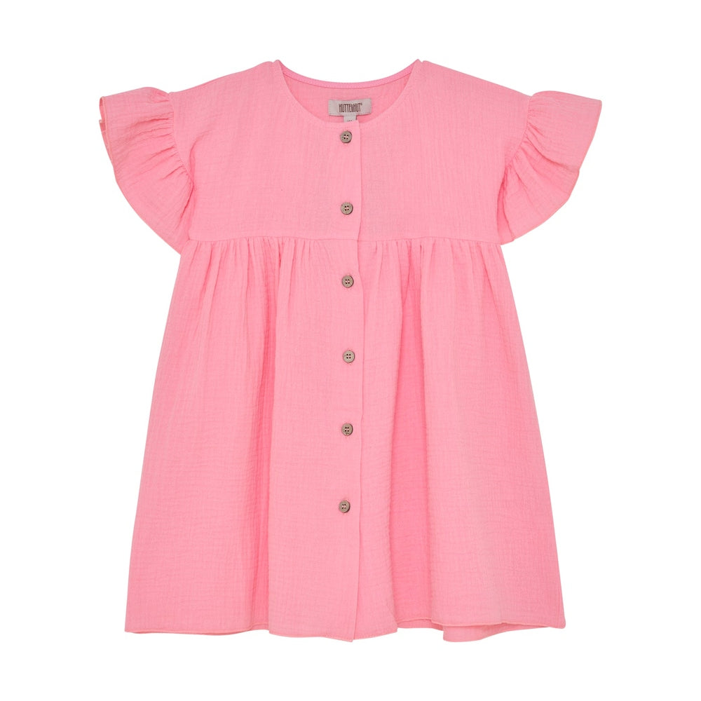 Huttelihut Muslin Jurk met Korte Mouwen – Luchtige Kinderjurk – Pink