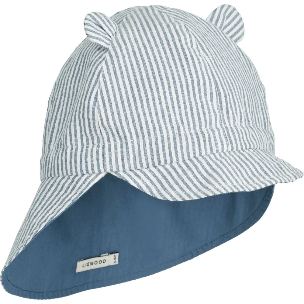 Liewood Gorm Omkeerbaar Seersucker Zonnehoedje Voor Kinderen Met Oortjes - Y/D Stripe Blue Wave / Crème De La Crème