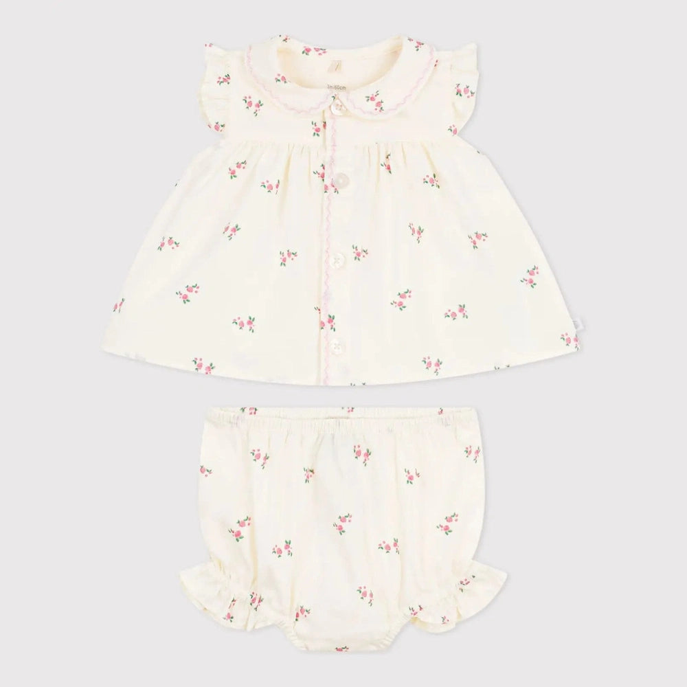 Petit Bateau | Tweedelig katoenen babysetje, met een bloesje en pofbroekje bloemenprint