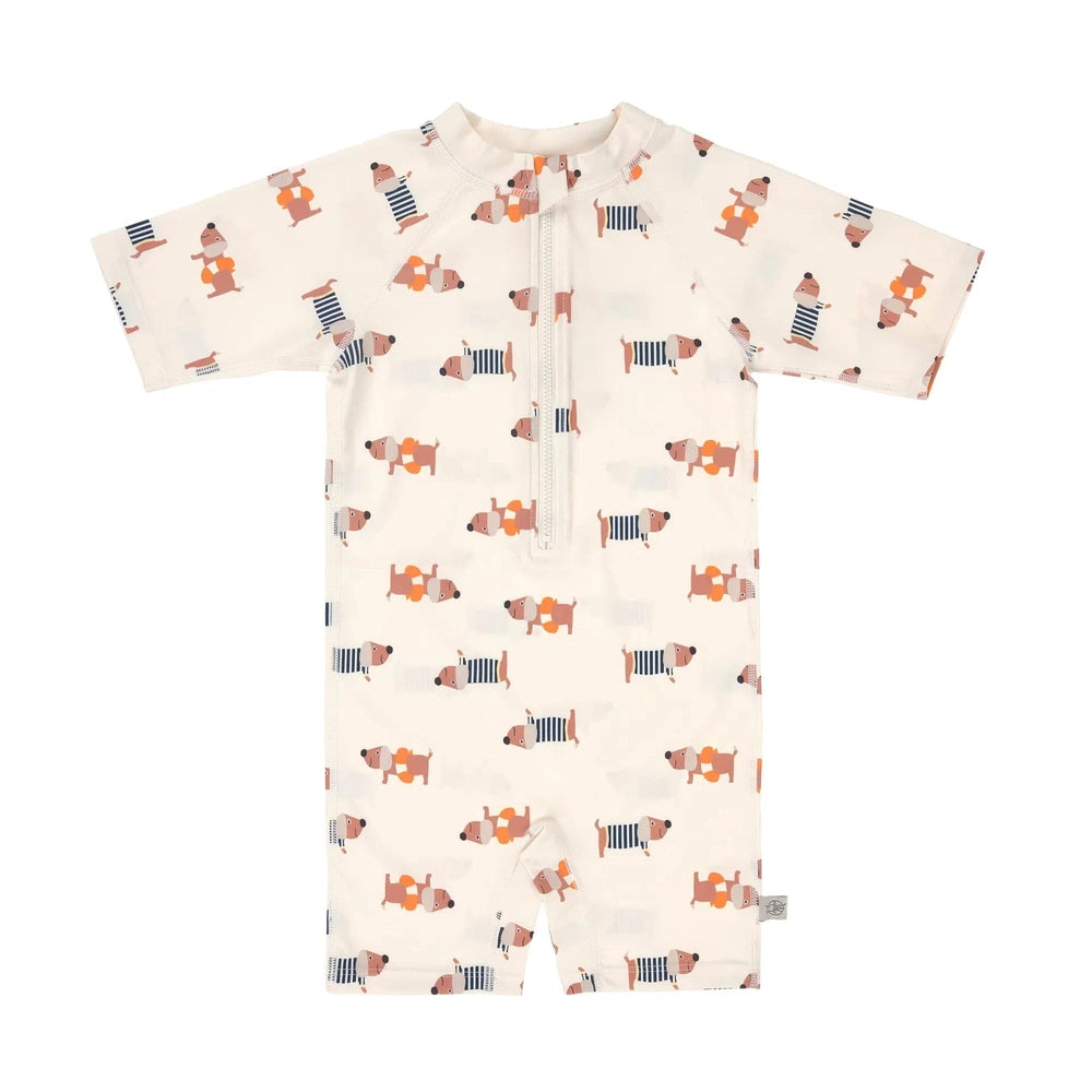Lässig Children's Swimsuit with Short Sleeves, UV Protection - Beige with Dog Print