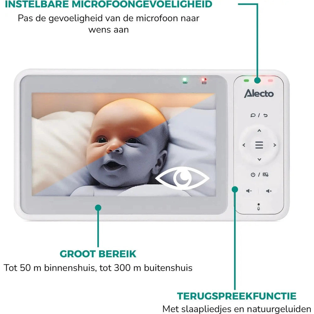 Alecto Babyfoon met Camera - Pro Collection - HD Camera - Groot 5 inch Scherm - Op afstand bestuurbaar - Uitbreidbaar tot 4 camera's - Nachtlampje - DVM2050 - Wit