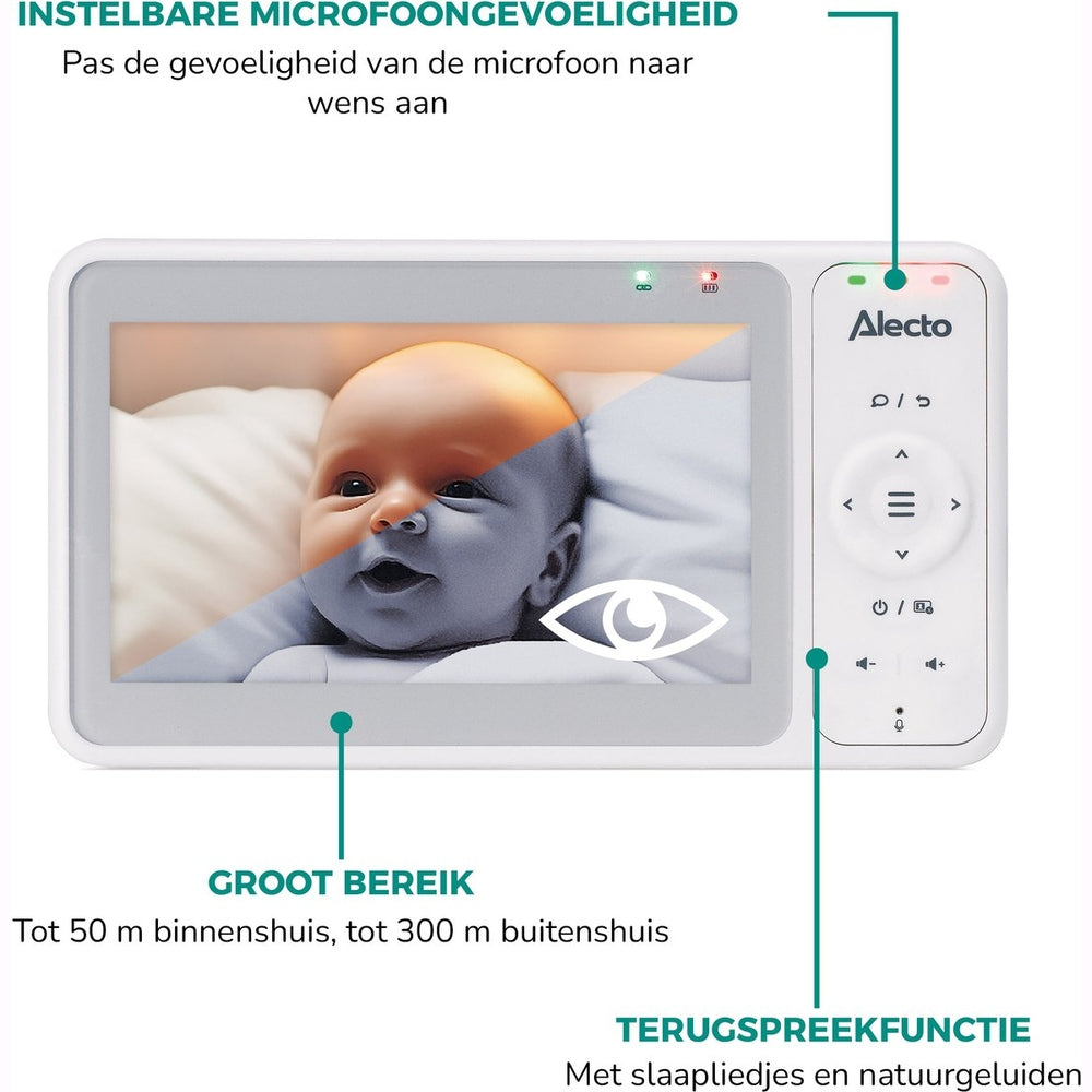 Alecto Babyfoon met Camera - Pro Collection - HD Camera - Groot 5 inch Scherm - Op afstand bestuurbaar - Uitbreidbaar tot 4 camera's - Nachtlampje - DVM2050 - Wit