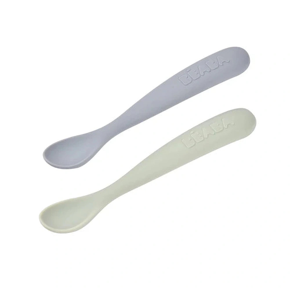 Béaba Set van 2 Easy-Grip 1st Stage Siliconen Lepels + Opbergdoos Natural