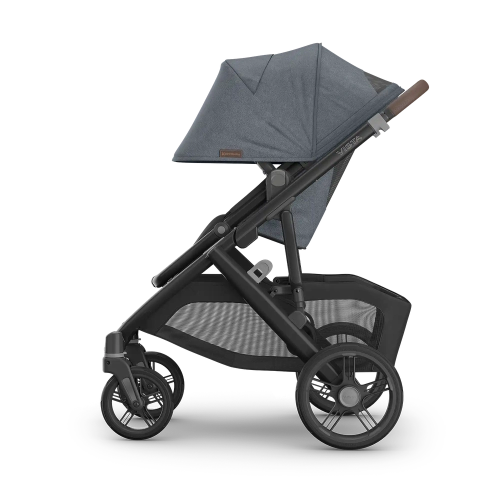 Uppababy Vista V3 Kinderwagen Julian - Dusty Blue Mélange - Carbon Frame Met Kastanje Bruin Leer