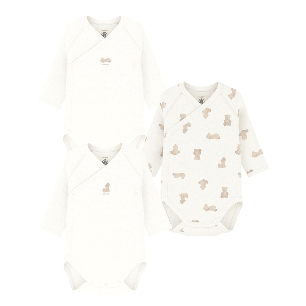 Petit Bateau Set Van 3 Katoenen Rompertjes Met Lange Mouwen - Beertjes