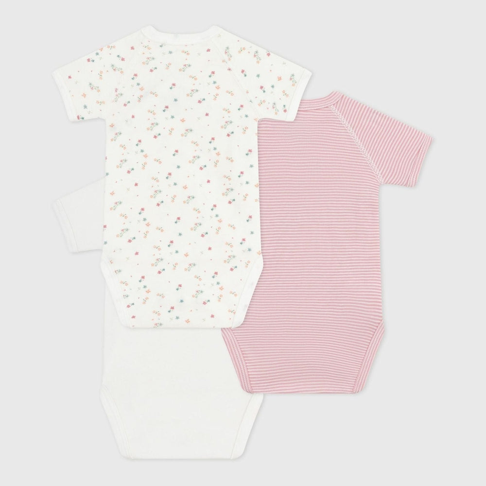 Petit Bateau Set Van 3 Katoenen Overslagrompers Met Korte Mouwen - Hartje/Bloemetjes/Strepen