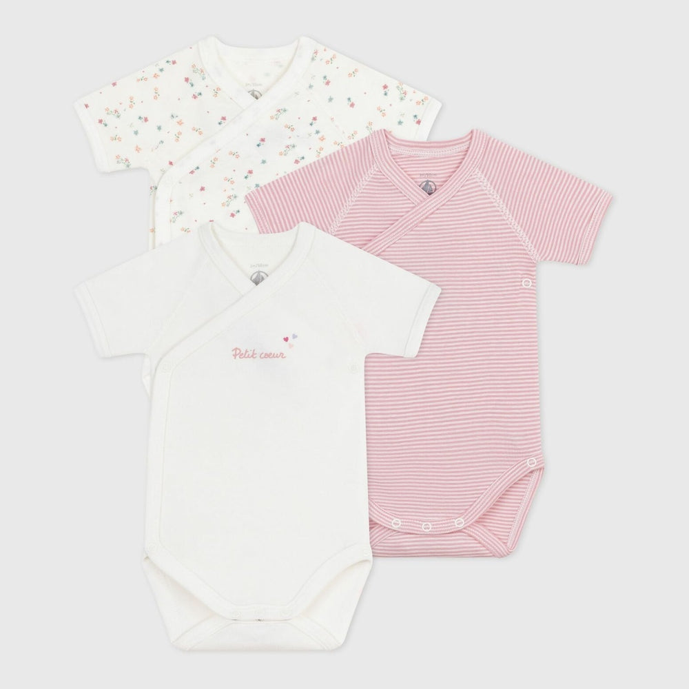 Petit Bateau Set Van 3 Katoenen Overslagrompers Met Korte Mouwen - Hartje/Bloemetjes/Strepen