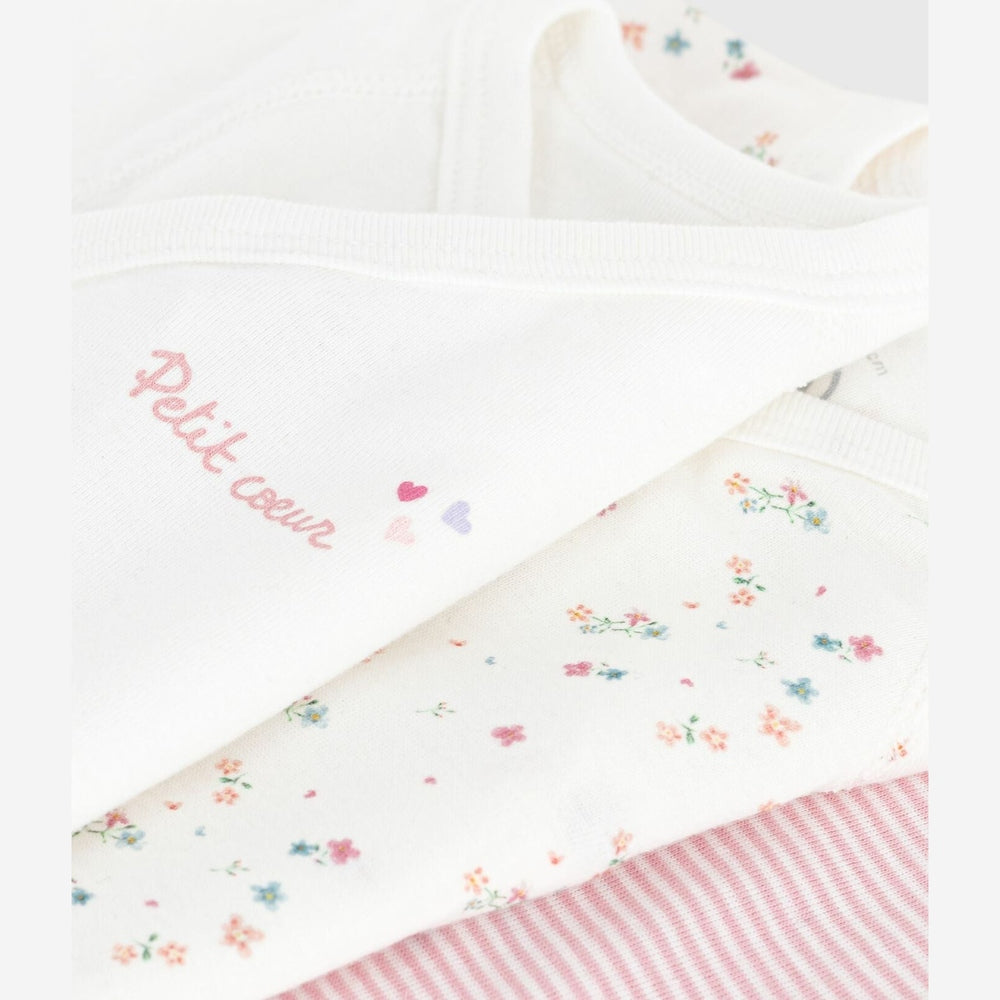 Petit Bateau Set Van 3 Katoenen Overslagrompers Met Korte Mouwen - Hartje/Bloemetjes/Strepen