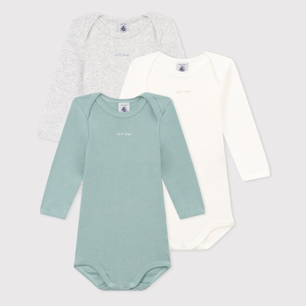 Set Of 3 Long-Sleeved Cotton Bodies - Green/Grey/White