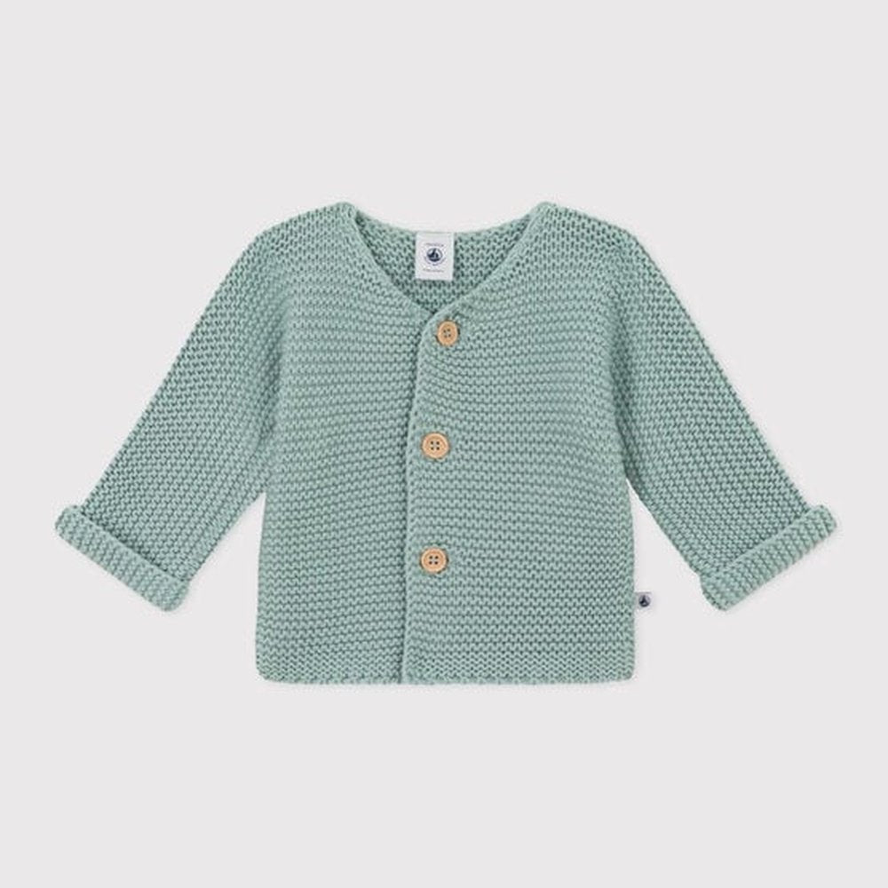 Knitted Unisex Baby Cardigan In Ribbed Stitch - Sage